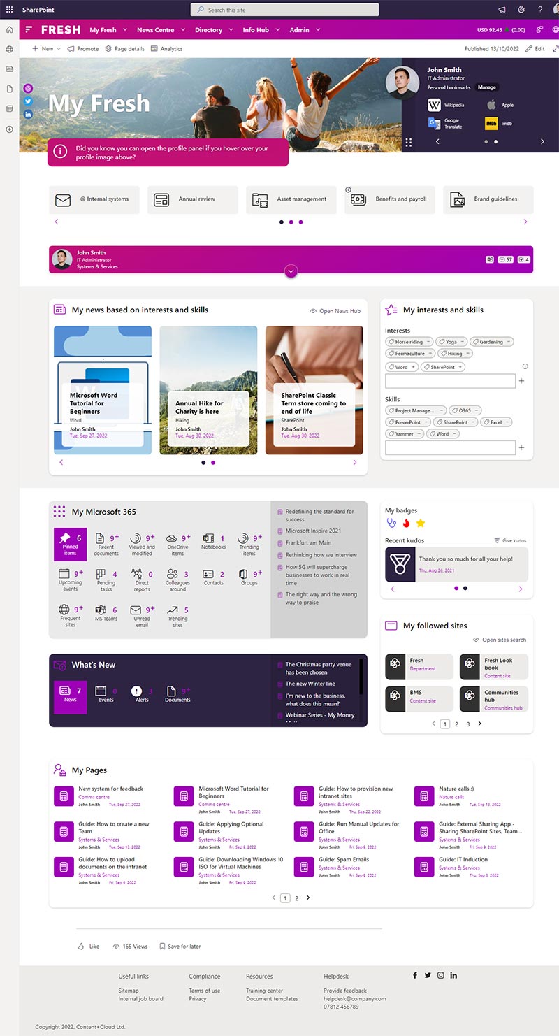 Personalized Intranet Homepage Example - Fresh Intranet