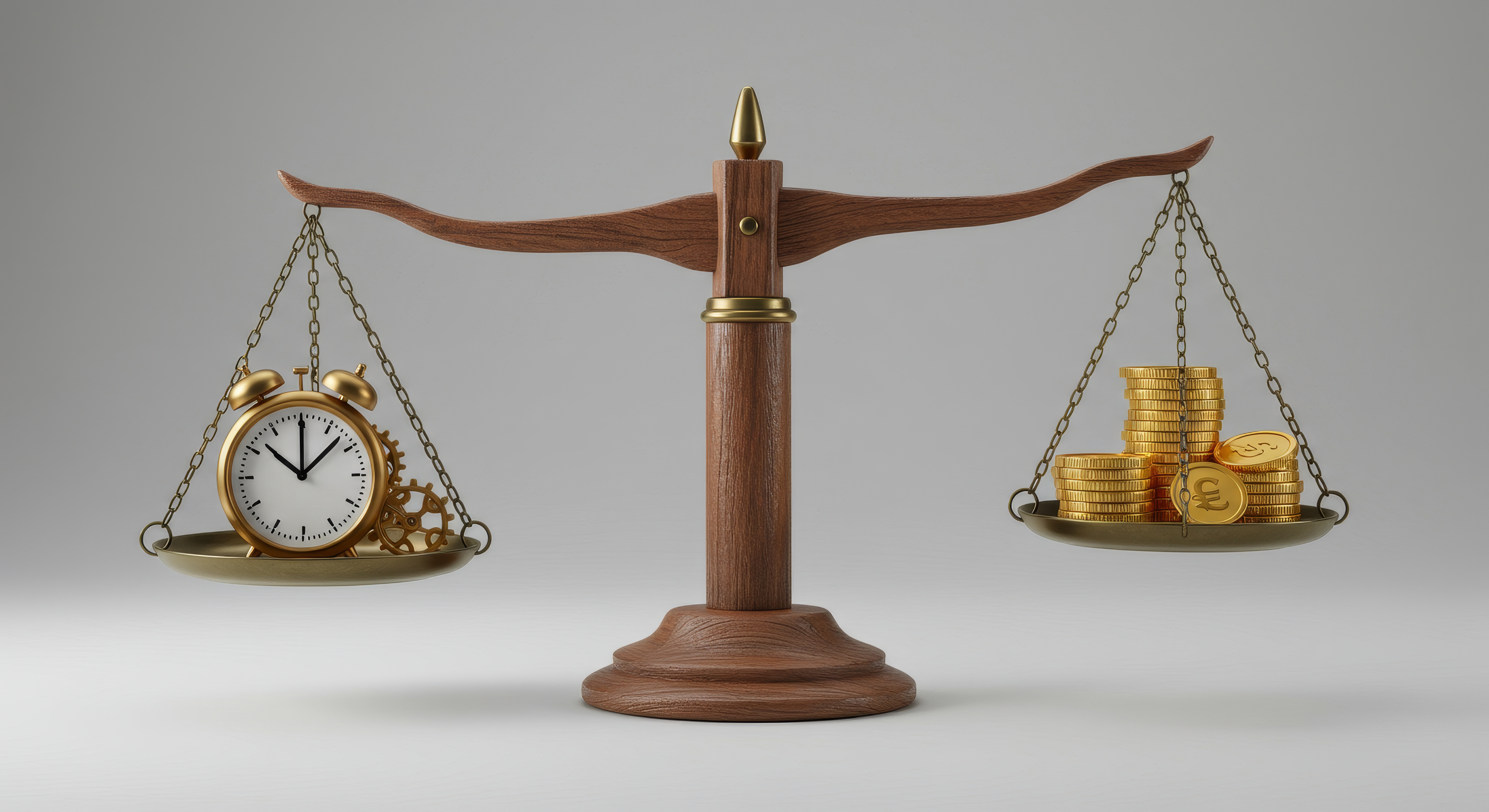 Time Versus Money Balance – A wooden scale balances a clock and gears against a stack of gold coins, symbolizing the value of time and money Time and money on a scale