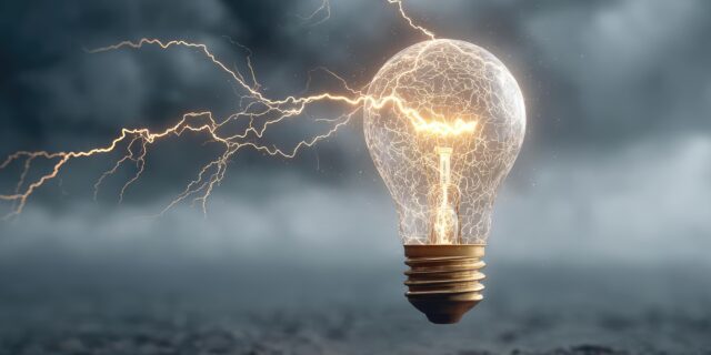 Impactful lightbulb eureka moment concept. A glowing light bulb radiating energy amidst dark stormy skies.